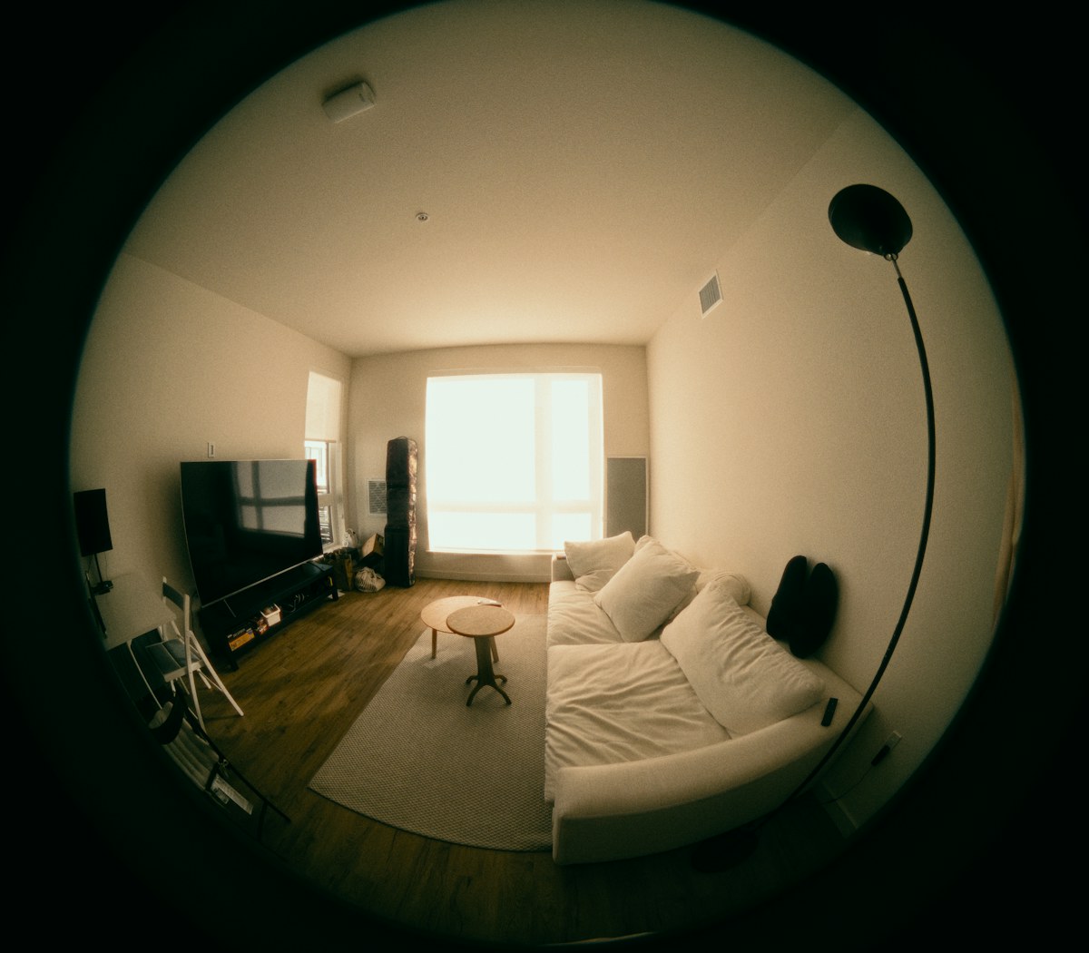 Modern living room with white sofa and large window